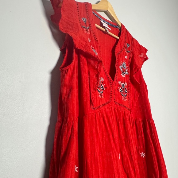 Knox Rose Red Embroidered Midi Empire Cotton Summer Dress Sz Large - Picture 2 of 12